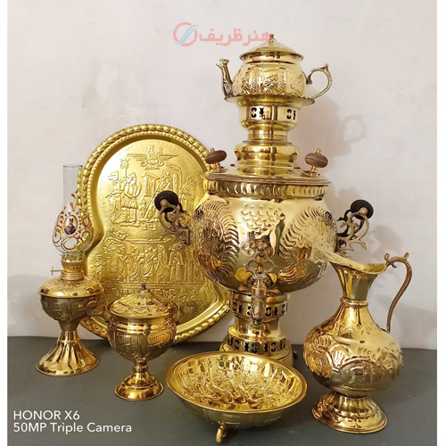 خرید، قیمت و مشخصات ست 7 پارچه سماور ذغالی،6 لیتری، توپی قلم هخامنشی ارزان و با کیفیت _ هنرظریف