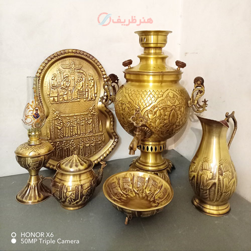 خرید، قیمت و مشخصات ست 6 پارچه سماور ذغالی، 8 لیتری، توپی، قلم فرش اعلاء، قالب بزرگ و بسیار زیبا با پایه خرچنگی ارزان و با کیفیت _ هنرظریف