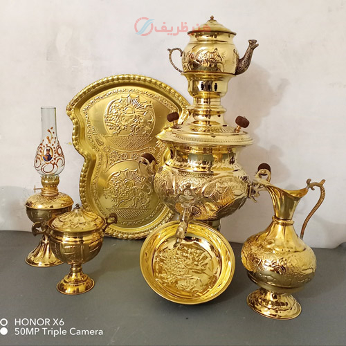 خرید، قیمت و مشخصات ست 7 پارچه سماور ذغالی، 4 لیتری، استکانی قلم برجسته، کار بسیار با کیفیت و ورق ضخیم ارزان و باکیفیت _ هنرظریف