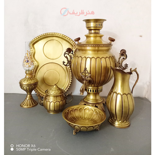 خرید، قیمت و مشخصات ست 6 پارچه سماور ذغالی، 6 لیتری، توپی آینه دسته ماری، قالب بزرگ و بسیار زیبا با پایه خرچنگی ارزان و با کیفیت _ هنرظریف
