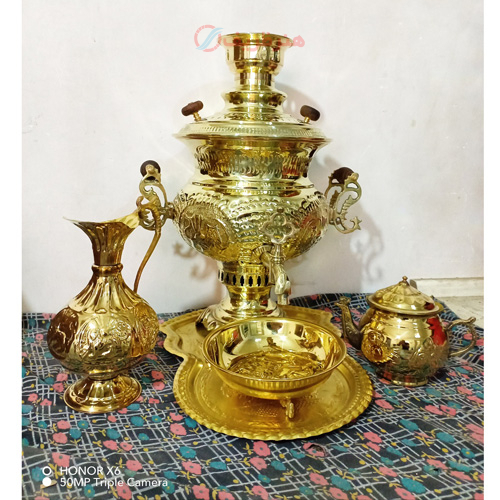 خرید، قیمت و مشخصات ست 5 پارچه سماور ذغالی، 7 لیتری، استکانی قلم دسته ماری ارزان و با کیفیت _ هنرظریف