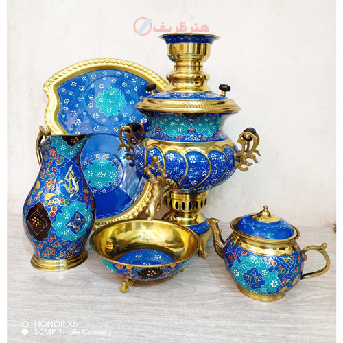 خرید، قیمت و مشخصات سرویس سماور ذغالی میناکاری، 4 لیتری، استکانی ورق ضخیم، تلفیق هنر میناکاری و قلم تراش ارزان و با کیفیت _ هنرظریف
