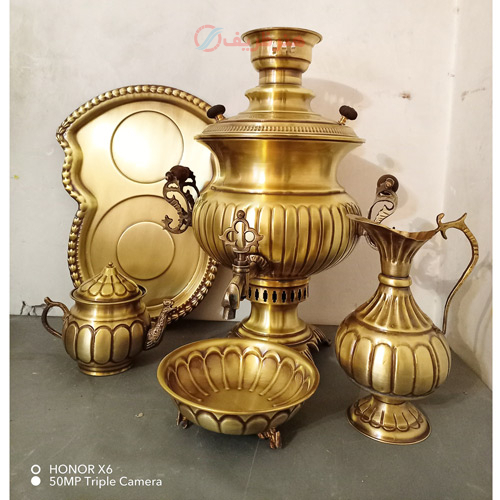 خرید، قیمت و مشخصات ست 5 پارچه سماور ذغالی، 7 لیتری، استکانی آینه دسته ماری ارزان و با کیفیت _ هنرظریف