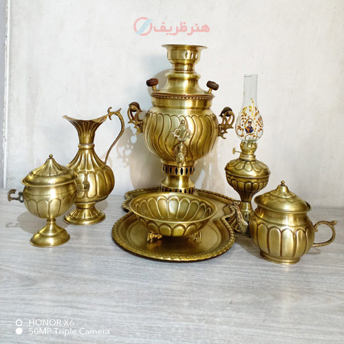 خرید، قیمت و مشخصات ست 7 پارچه سماور ذغالی،3 لیتری، توپی آینه پیچ با کیفیت ارزان و با کیفیت _ هنرظریف