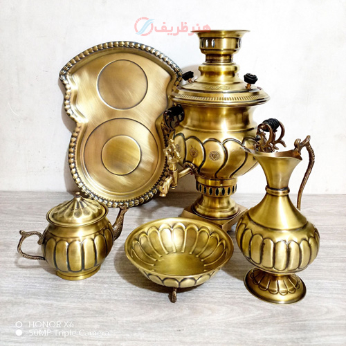 خرید، قیمت و مشخصات ست 5 پارچه سماور ذغالی، 4 لیتری، مدل استکانی آینه پیچ ارزان و با کیفیت _ هنرظریف