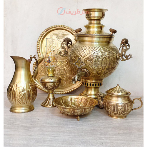 خرید ست 6 پارچه سماور ذغالی، 6 لیتری، قلم فرش دسته توری، دارای مهر روسی در درب و بدنه ارزان و با کیفیت _ هنرظریف