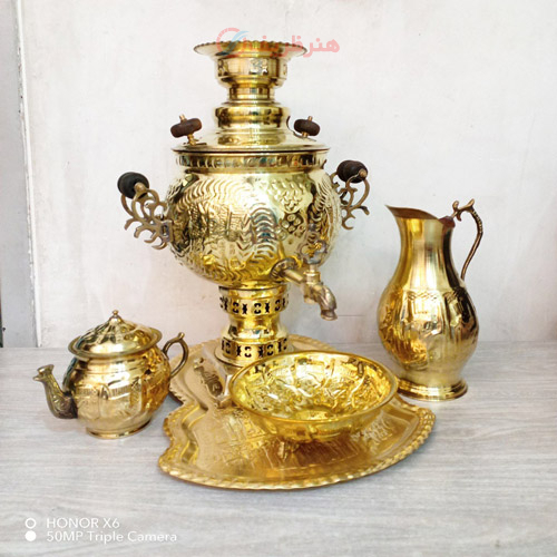 خرید، قیمت و مشخصات ست 5 پارچه سماور ذغالی، 6 لیتری، قلم هخامنش دسته توری ارزان و با کیفیت _ هنرظریف