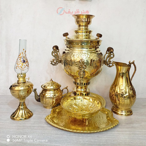 خرید، قیمت و مشخصات ست 6 پارچه سماور ذغالی، 6 لیتری، قلم شیر دسته توری، دارای مهر روسی ارزان و با کیفیت _ هنرظریف