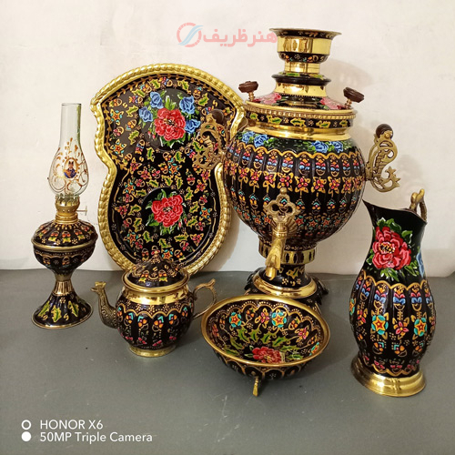 خرید، قیمت و مشخصات ست 6 پارچه سماور ذغالی، میناکاری بینظیر با ترکیب رنگ عالی، 6 لیتر توپی آینه دسته ماری ارزان و با کیفیت _ هنرظریف