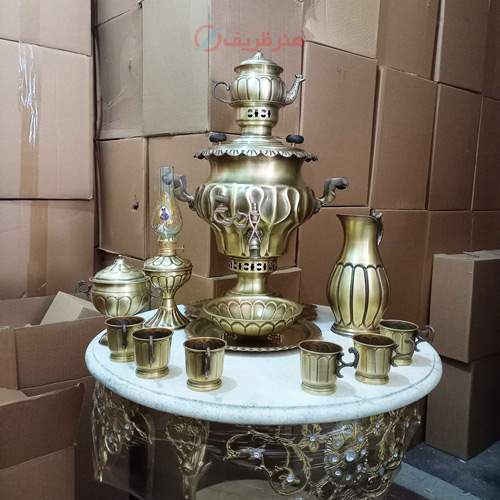 خرید، قیمت و مشخصات ست 13 پارچه سماور هشتی طرح روس ورق ضخیم، لبه ریخته طرح سیری ارزان و با کیفیت _ هنرظریف