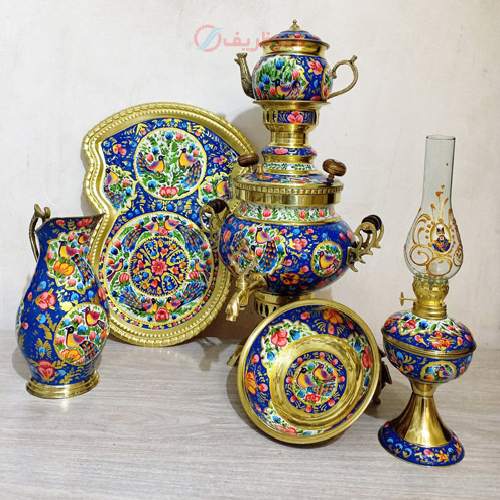 خرید، قیمت و مشخصات ست 6 پارچه سماور ذغالی، میناکاری بسیار زیبای تمام نقاشی ارزان و با کیفیت _ هنرظریف