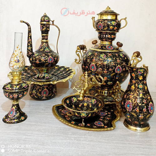 خرید، قیمت و مشخصات ست 7 پارچه سماور ذغالی، میناکاری تمام نقاشی، ورق ضخیم و سنگین وزن ارزان و با کیفیت _ هنرظریف