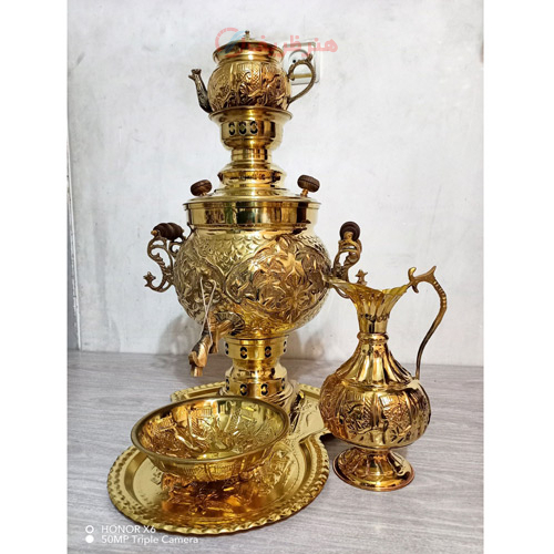 خرید، قیمت و مشخصات ست 5 پارچه سماور ذغالی، 6 لیتر مدل توپی دسته ماری ارزان و با کیفیت _ هنرظریف