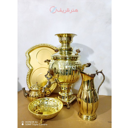 خرید، قیمت و مشخصات سرویس 5 پارچه سماور ذغالی، 6 لیتر توپی سنگین طرح آینه دسته شاخ و توری ارزان و با کیفیت _ هنرظریف