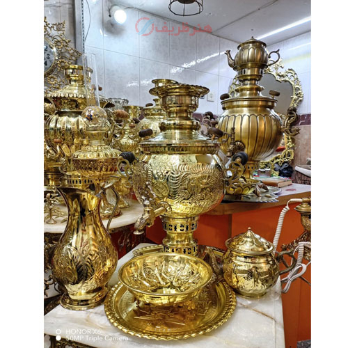 خرید، قیمت و مشخصات سرویس 5 پارچه سماور ذغالی، 6 لیتر توپی سنگین قلم ارزان و با کیفیت _ هنرظریف