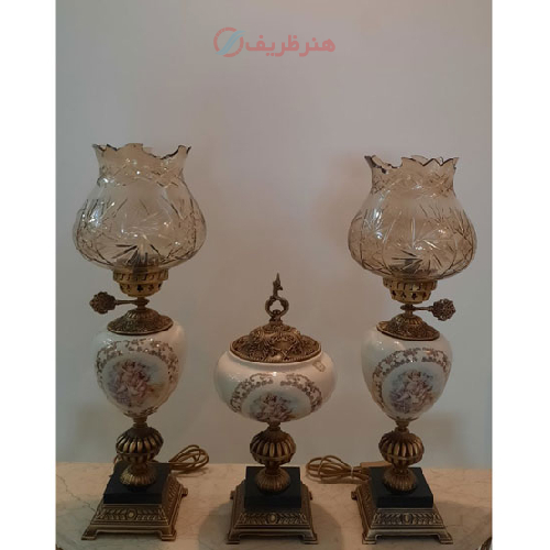 خرید، قیمت و مشخصات ست چراغ سرامیکی و آجیل خوری تمام برنجی آنتیک، ارزان و با کیفیت _ هنرظریف