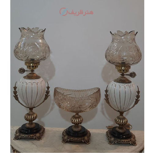 خرید، قیمت و مشخصات ست چراغ و آجیل خوری کریستال تمام برنج مدل جدید، ارزان و با کیفیت _ هنرظریف