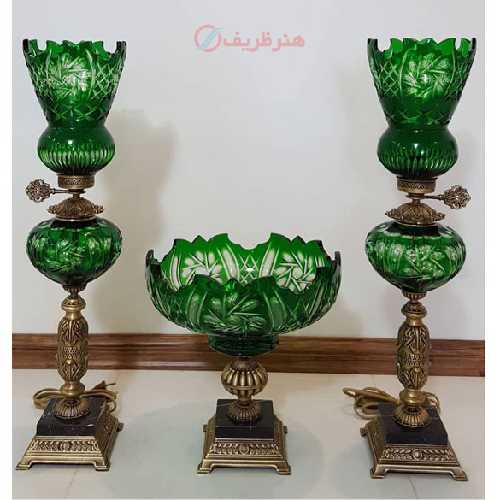 خرید، قیمت و مشخصات ست چراغ و میوه خوری کریستال سبز قطعات تمام برنج، ارزان و با کیفیت _ هنرظریف