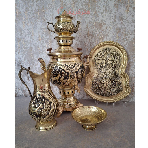 خرید، قیمت و مشخصات سرویس سماور زغالی برنجی شش لیتری گل و مرغ طلایی، ارزان و با کیفیت _ هنرظریف