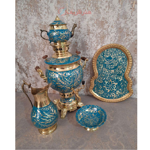 خرید، قیمت و مشخصات سرویس سماور زغالی برنجی شش لیتری مدل الماس تراش، ارزان و با کیفیت _ هنرظریف