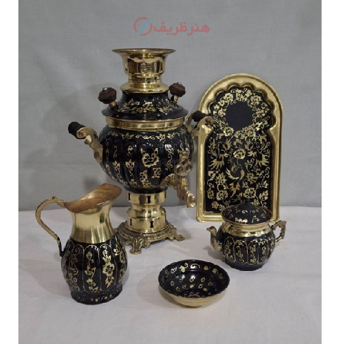 خرید، قیمت و مشخصات سرویس سماور زغالی برنجی یک لیتری مدل الماس تراش، ارزان و با کیفیت _ هنرظریف