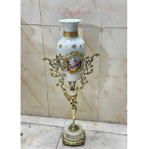 خرید، قیمت و مشخصات گلدان کنار سالنی برنزی چینی طلا کوب پایه سنگی _ هنرظریف