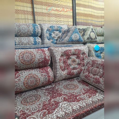 خرید، قیمت و مشخصات سرویس مبلمان ترمه ۷ تکه شاه نشین نارنج، رنگ زرشکی، جدید و زیبا _ هنرظریف