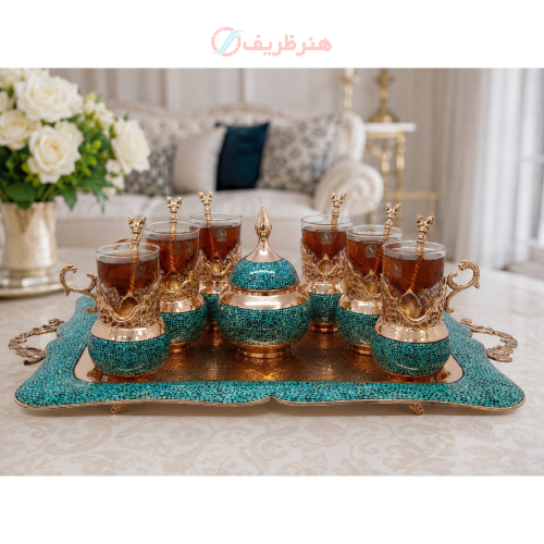 سرویس چای‌خوری فیروزه کوبی و قلمه زنی ۶ نفره | هنرظریف