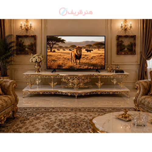 خرید میز تلویزیون برنزی گل سرخ ۱۸۰ سانت مدل جلو هلال
