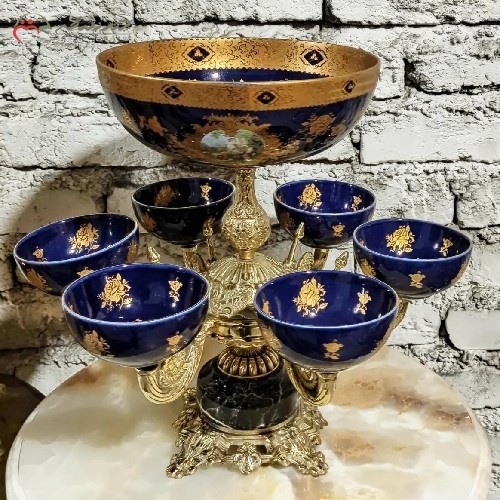 خرید آنلاین، هفت سین برنجی فوق زیبا و طراحی به روز با پایه ی سنگی با کاسه و پیاله های شکیل سنتی، درای گارانتی، زیر قیمت بازار | هنرظریف