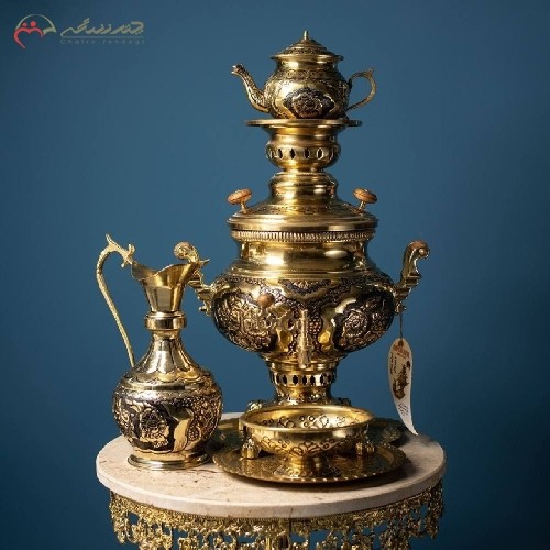 خرید آنلاین، سماور گازی برنجی طرح عدسی گل مرغ با سیاه قلم بی نظیر، ضمانت 15 ماهه، رنگ طلایی، به قیمت تولیدی | هنرظریف