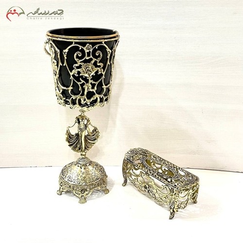 خرید آنلاین، سطل و جا دستمال کاغذی برنزی دو تکه، طرح گل رز و دختر کوچک با طرح برجسته، با قیمت مناسب | هنرظریف