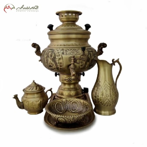 خرید آنلاین، سرویس سماور گازی برنجی 8 لیتری کد 113 در طرح شهرزاد با رنگ آنتیک بسیار زیبا همراه با ضمانت، زیر قیمت بازار | هنرظریف