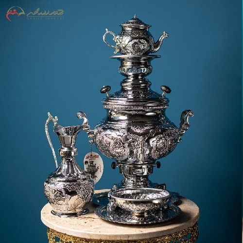 خرید آنلاین، سماور گازی برنجی آبکاری شده با کروم در طرح عدسی گل و مرغ، دارای ضمانت 15 ماهه، زیر قیمت بازار | هنرظریف
