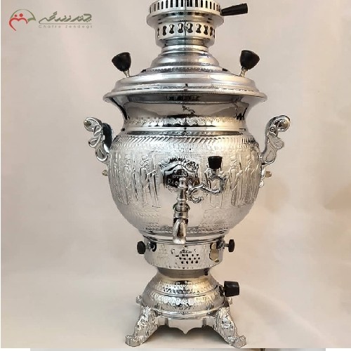 خرید آنلاین، سماور گازی برنجی 8 لیتری کد 116 با ورق ضخیم و بدنه ی سیلور و قلم زنی شده، کیفیت عالی همراه ضمانت 1 ساله، زیر قیمت بازار | هنرظریف