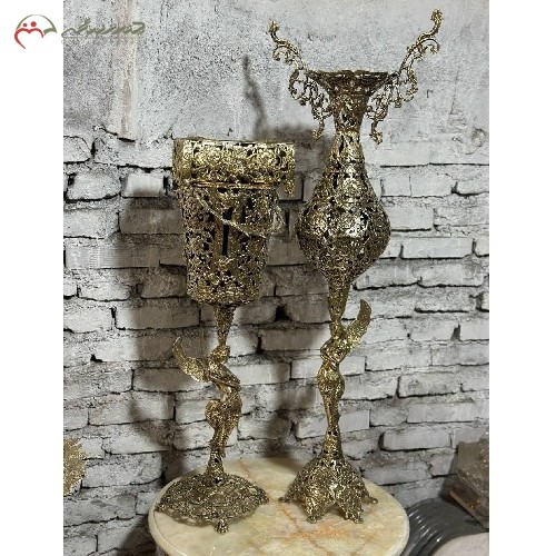 خرید آنلاین، سرویس گلدان و سطل و جا دستمال کاغذی برنزی طرح ملکه بالدار با پایه فلزی و کیفیت عالی، زیر قیمت بازار | هنرظریف