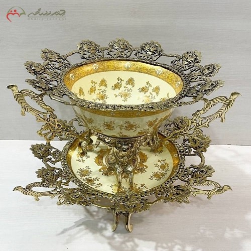 خرید آنلاین، کاسه و بشقاب برنزی با بدنه چینی اصل طرح گل رز به رنگ طلایی و کرم، پایه دار و خاص، با قمیت مناسب | هنرظریف