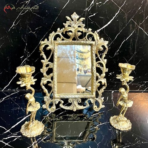 خرید آنلاین، آینه و شمعدان برنزی طلایی کد 12 طرح برگ درخت و طلایی، سه تیکه با شمعدان کوچک، زیر قیمت بازار | هنرظریف