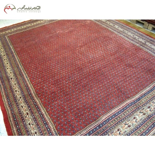 خرید آنلاین، فرش دستبافت ساروق کد 39478 با رنگ زمینه لاکی و حاشیه کرم در طرح بته میر سراسر، زیر قیمت بازار | هنرظریف