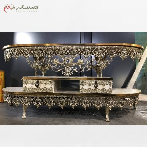 خرید آنلاین، میز تلویزیون برنزی، بغل خم دارای 2 کشو، پر نقش و نگار و سنگین وزن، با قیمت مناسب