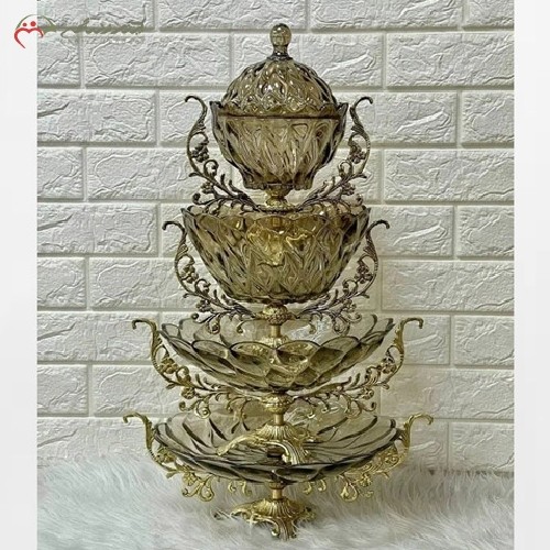 خرید آنلاین، سرویس کریستالی چهار تکه شامل شیرینی خوری آجیل خوری میوه خوری و شکلات خوری، رنگ فورتیک با پایه های طلایی برنزی، زیر قیمت بازار | هنرظریف