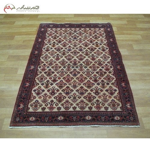 خرید آنلاین، فرش دستبافت میمه کد 39441 با الیاف طبیعی طرح زیبای ذرع و زمینه کرم رنگ و حاشیه ی سرمه ای، زیر قیمت بازار | هنرظریف