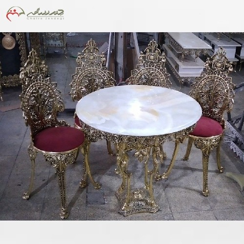 خرید آنللاین، میز ناهار خوری 4 نفره برنزی، صفحه سنگ سفید با پارچه اعلاء صندلی با ضمانت، زیر قیمت بازار | هنرظریف