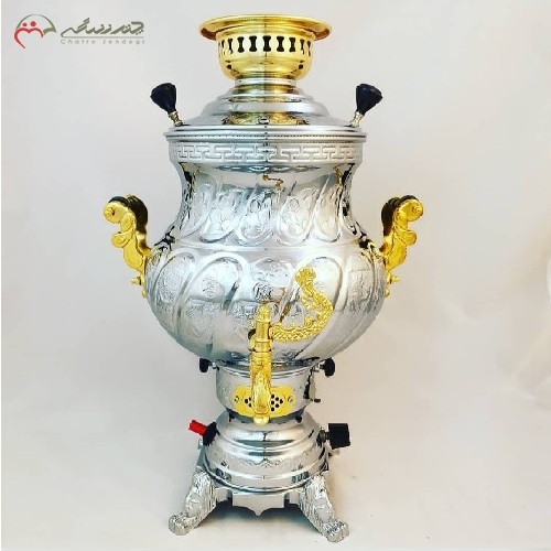 خرید آنلاین، سماور گازی استیل 4.5 لیتری با بدنه ی طلایی و نقره ای، کد 116 کیفیت بی نظیر، به قیمت فروش | هنرظریف