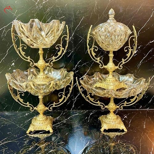 خرید آنلاین، ست پذیرایی برنزی میوه خوری آجیل و شکلات خوری به رنگ طلایی با بدنه کریستال طرح امگا قالب دایکاست، به قیمت مناسب | هنرظریف