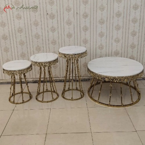 خرید آنلاین، سروس میز عسلی های برنزی با صفحه چوبی در طرح سنگ وکیوم شده، دارای آبکاری فورتیک با کیفیت بی نظیر، با قیمت مناسب | هنرظریف
