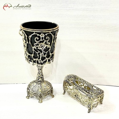 خرید آنلاین، سطل و جا دستمال کاغذی برنزی، پایه توری در طرح گل رز و شیپوری برجسته، بسیار شیک و زیبا، با قیمت عالی | هنرظریف