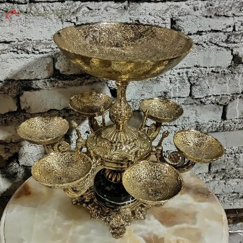 خرید آنلاین، هفت سین برنجی کاسه بزرگ با 6 پیاله کوچک و پایه سنگی، پر نقش با کیفیت عالی دارای گارانتی، زیر قیمت بازار | هنرظریف