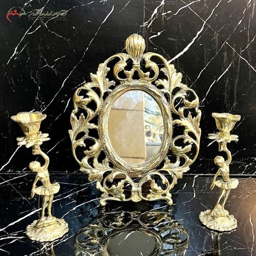 خرید آنلاین، آینه و شمعدان برنزی طلایی کد 12 طرح برگ درخت و طلایی، سه تیکه با شمعدان کوچک، زیر قیمت بازار | هنرظریف