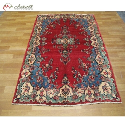 خرید آنلاین، قالیچه دستبافت همدان کد 39179 بافته شده با نخ طبیعی، زمینه لاکی و حاشیه سبز رنگ، با قیمت مناسب | هنرظریف